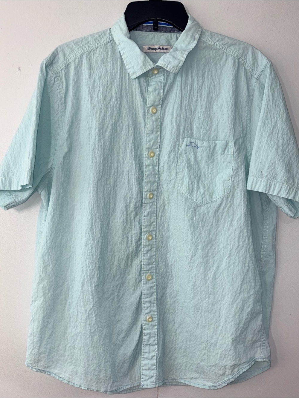 Tommy Bahama Men’s L Aqua Blue Cotton Stretch Short Sleeve Button Shirt Marlin